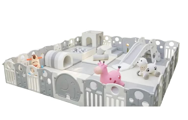 Large gray and white modular baby playpen with interior play structures, toys, and a pink rocking horse