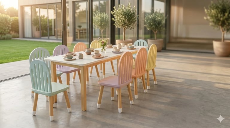 Outdoor patio dining set with wooden table and colorful chairs on a terrace overlooking a green garden