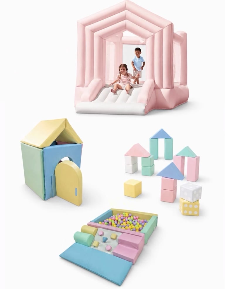 Collection of pastel-colored play structures for toddlers including a pink bounce house, colorful playhouse, soft building blocks, and ball pit with steps