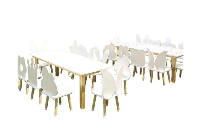 3D rendering of a modern dining setup with light wood tables and white chairs arranged in connected sections