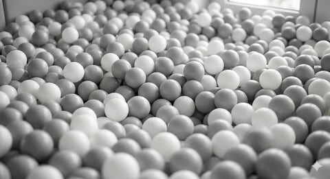 Large pile of white and gray plastic balls filling an indoor space near a window