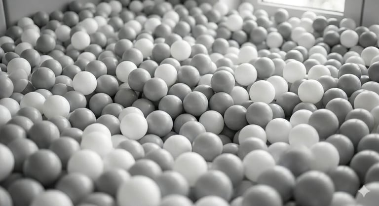Large pile of white and gray plastic balls filling an indoor space near a window