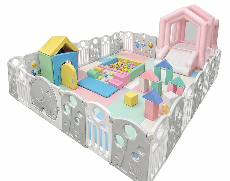 Colorful modular play pen with toys, playhouse, foam mats, and activity panels for infants and toddlers